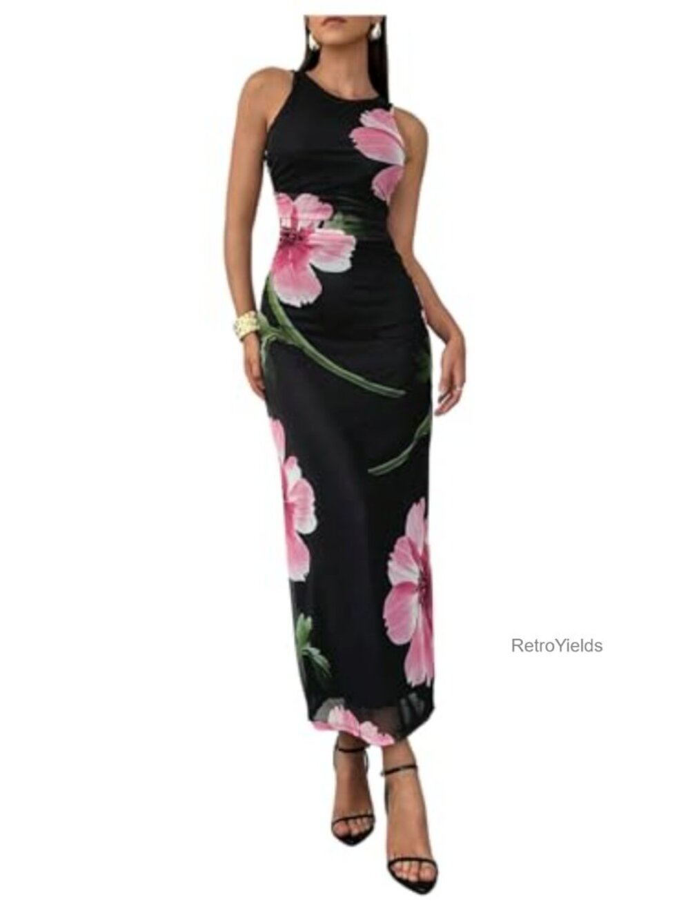 Women's Floral Maxi Dress Crew Neck Sleeveless Ruched Bodycon Mesh Formal